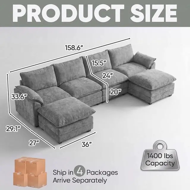 Alt view image 2 of 7 - 158.6" U-Shaped Modular Sectional Cloud Couch Modern Sofa with 2 Ottoman, 6-Seat Chenille Deep Seat Sofa with Sturdy Wide armrests and Double-Layer seat Cushion for Living Room (Grey)