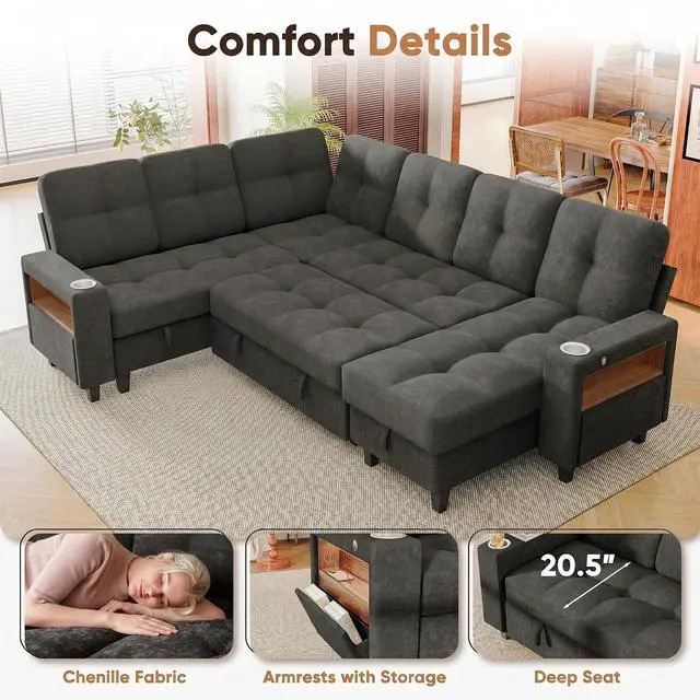 Alt view image 7 of 7 - 108" Pull Out Couch with Sofa Bed & Storage Chaise, Sleeper Sofa with USB Charging, LED lighting & Cup Holder, Sectional U Shpaed Sofa Chenille Couch for Living Room, Apartment (Grey, Sleeper Sofa-3)