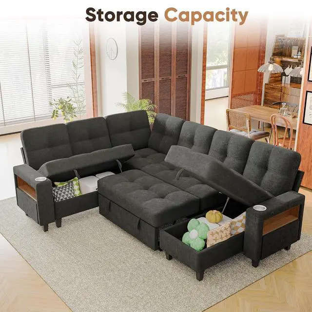 Alt view image 5 of 7 - 108" Pull Out Couch with Sofa Bed & Storage Chaise, Sleeper Sofa with USB Charging, LED lighting & Cup Holder, Sectional U Shpaed Sofa Chenille Couch for Living Room, Apartment (Grey, Sleeper Sofa-3)
