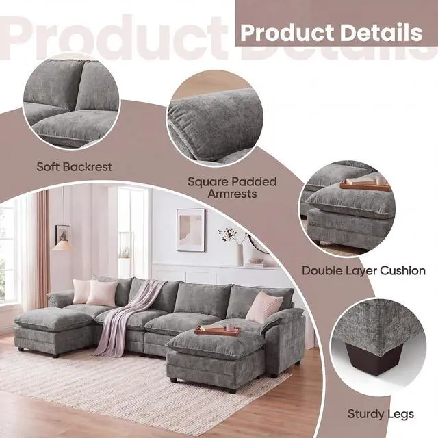 Alt view image 3 of 7 - 158.6" U-Shaped Modular Sectional Cloud Couch Modern Sofa with 2 Ottoman, 6-Seat Chenille Deep Seat Sofa with Sturdy Wide armrests and Double-Layer seat Cushion for Living Room (Grey)