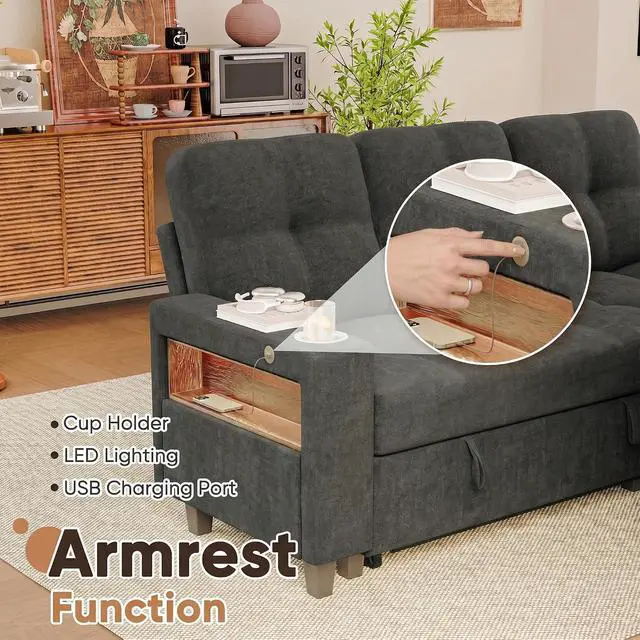 Alt view image 5 of 7 - 108" Sectional Couch Modular Sofa Bed with Storage Chaise, Pull Out Couch with Cup Holder, USB Charging & LED Lighting, Comfy U-Shaped Chenille Couch for Living Room, Apartment (Grey, Sleeper Sofa-1)