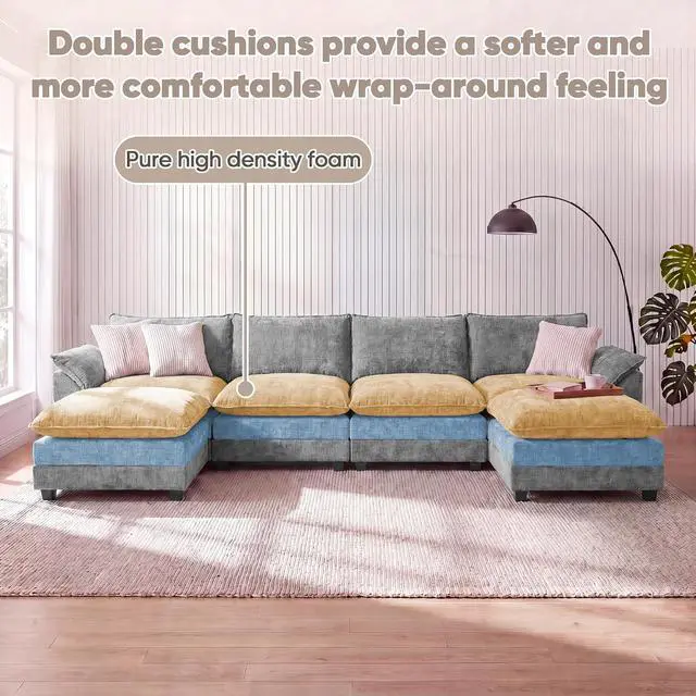Alt view image 4 of 7 - 158.6" U-Shaped Modular Sectional Cloud Couch Modern Sofa with 2 Ottoman, 6-Seat Chenille Deep Seat Sofa with Sturdy Wide armrests and Double-Layer seat Cushion for Living Room (Grey)