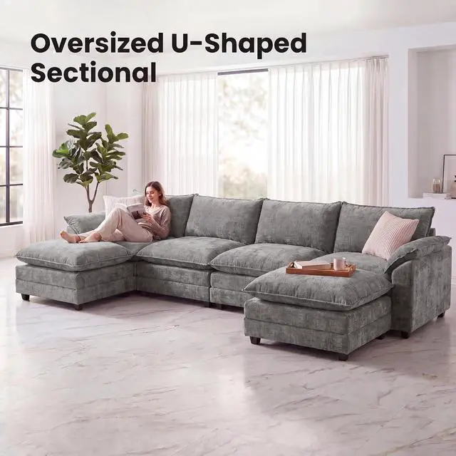 Alt view image 5 of 7 - 158.6" U-Shaped Modular Sectional Cloud Couch Modern Sofa with 2 Ottoman, 6-Seat Chenille Deep Seat Sofa with Sturdy Wide armrests and Double-Layer seat Cushion for Living Room (Grey)