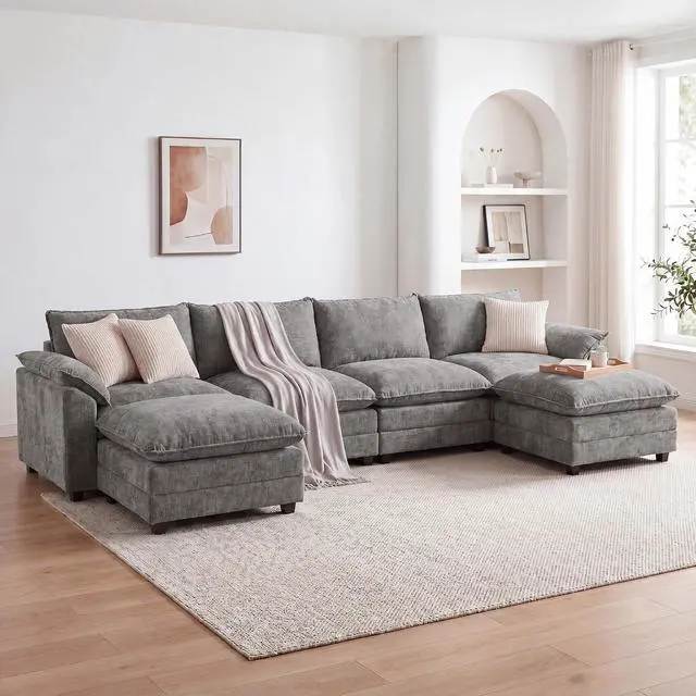 Alt view image 6 of 7 - 158.6" U-Shaped Modular Sectional Cloud Couch Modern Sofa with 2 Ottoman, 6-Seat Chenille Deep Seat Sofa with Sturdy Wide armrests and Double-Layer seat Cushion for Living Room (Grey)