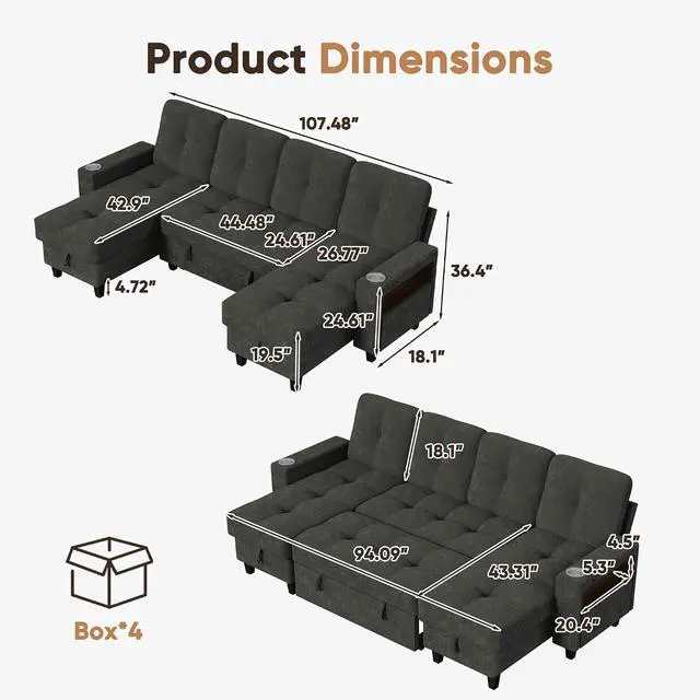 Alt view image 3 of 7 - 108" Sectional Couch Modular Sofa Bed with Storage Chaise, Pull Out Couch with Cup Holder, USB Charging & LED Lighting, Comfy U-Shaped Chenille Couch for Living Room, Apartment (Grey, Sleeper Sofa-1)