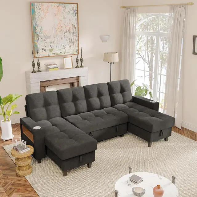 Alt view image 2 of 7 - 108" Sectional Couch Modular Sofa Bed with Storage Chaise, Pull Out Couch with Cup Holder, USB Charging & LED Lighting, Comfy U-Shaped Chenille Couch for Living Room, Apartment (Grey, Sleeper Sofa-1)