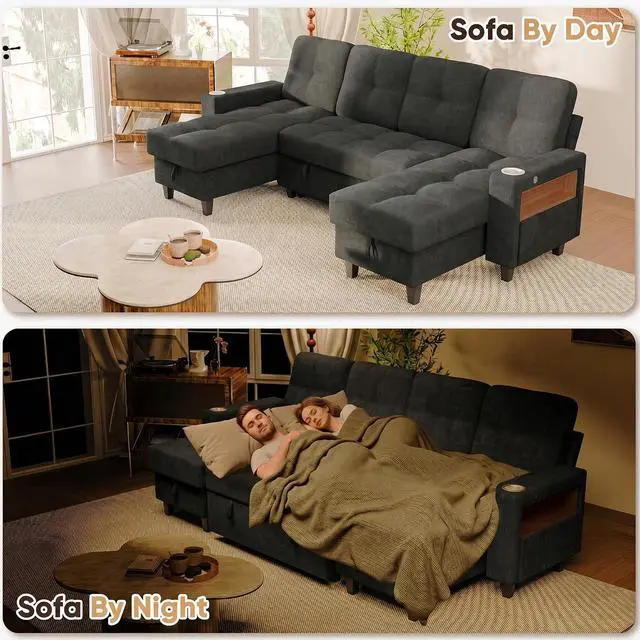 Alt view image 4 of 7 - 108" Sectional Couch Modular Sofa Bed with Storage Chaise, Pull Out Couch with Cup Holder, USB Charging & LED Lighting, Comfy U-Shaped Chenille Couch for Living Room, Apartment (Grey, Sleeper Sofa-1)