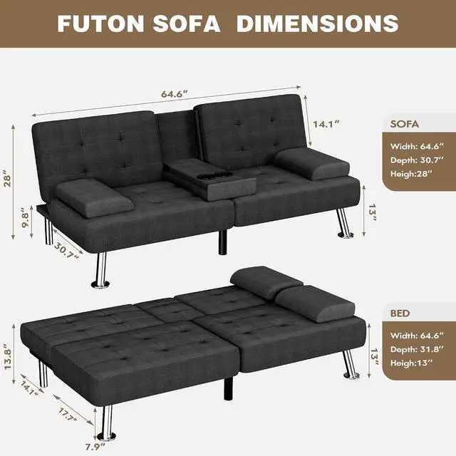 Alt view image 2 of 7 - Futon Sofa Bed, Futon Couch with Removable Armrests, Adjustable Recliner Sleeper Sofa Bed with Dual Cup Holders for Living Room, Apartment, Office (Fabric, Black)