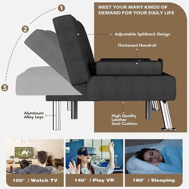 Alt view image 3 of 7 - Futon Sofa Bed, Futon Couch with Removable Armrests, Adjustable Recliner Sleeper Sofa Bed with Dual Cup Holders for Living Room, Apartment, Office (Fabric, Black)