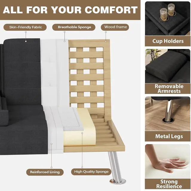 Alt view image 4 of 7 - Futon Sofa Bed, Futon Couch with Removable Armrests, Adjustable Recliner Sleeper Sofa Bed with Dual Cup Holders for Living Room, Apartment, Office (Fabric, Black)