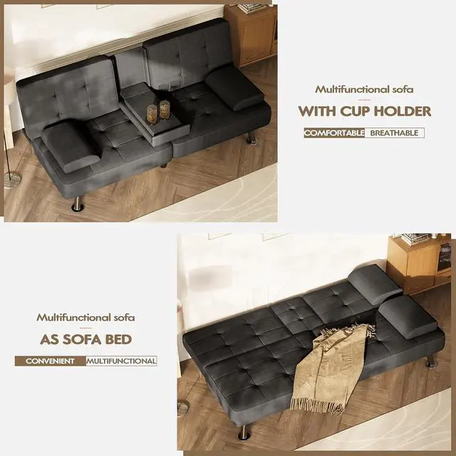Alt view image 5 of 7 - Futon Sofa Bed, Futon Couch with Removable Armrests, Adjustable Recliner Sleeper Sofa Bed with Dual Cup Holders for Living Room, Apartment, Office (Fabric, Black)