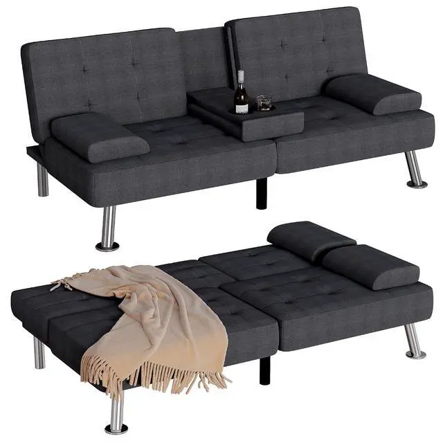Alt view image 7 of 7 - Futon Sofa Bed, Futon Couch with Removable Armrests, Adjustable Recliner Sleeper Sofa Bed with Dual Cup Holders for Living Room, Apartment, Office (Fabric, Black)