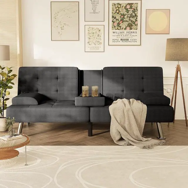 Alt view image 6 of 7 - Futon Sofa Bed, Futon Couch with Removable Armrests, Adjustable Recliner Sleeper Sofa Bed with Dual Cup Holders for Living Room, Apartment, Office (Fabric, Black)