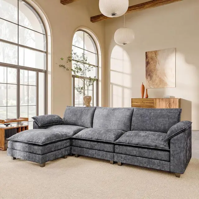 Main image of 118.9" Modular Sectional Cloud Couch 3-Seat Sofa Set with Movable Ottoman, L Shaped Sofa Couch with Deep Seat, Chenille Couches for Living Room (Light Grey-4, L Shaped Sofa)