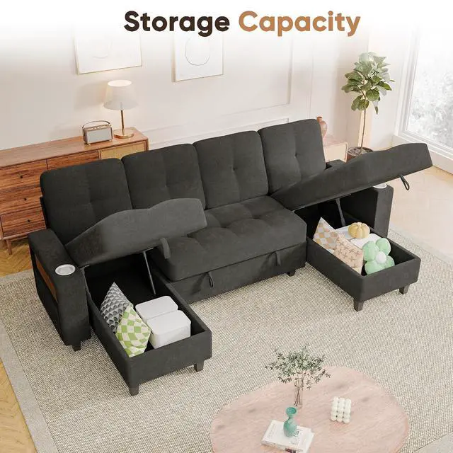 Alt view image 6 of 7 - 108" Sectional Couch Modular Sofa Bed with Storage Chaise, Pull Out Couch with Cup Holder, USB Charging & LED Lighting, Comfy U-Shaped Chenille Couch for Living Room, Apartment (Grey, Sleeper Sofa-1)