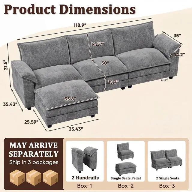 Alt view image 2 of 7 - 118.9" Modular Sectional Cloud Couch 3-Seat Sofa Set with Movable Ottoman, L Shaped Sofa Couch with Deep Seat, Chenille Couches for Living Room (Light Grey-4, L Shaped Sofa)
