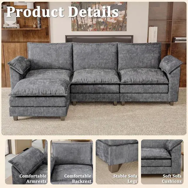 Alt view image 3 of 7 - 118.9" Modular Sectional Cloud Couch 3-Seat Sofa Set with Movable Ottoman, L Shaped Sofa Couch with Deep Seat, Chenille Couches for Living Room (Light Grey-4, L Shaped Sofa)