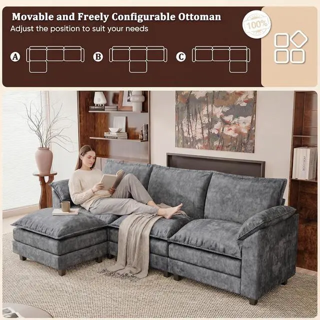 Alt view image 4 of 7 - 118.9" Modular Sectional Cloud Couch 3-Seat Sofa Set with Movable Ottoman, L Shaped Sofa Couch with Deep Seat, Chenille Couches for Living Room (Light Grey-4, L Shaped Sofa)