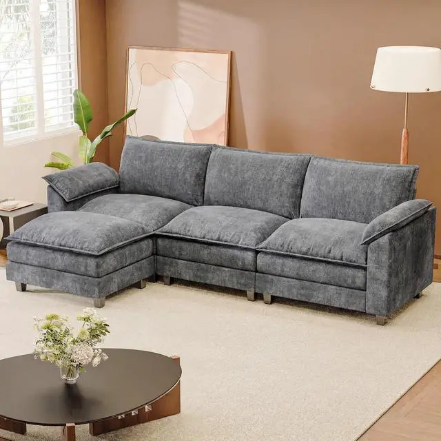 Alt view image 7 of 7 - 118.9" Modular Sectional Cloud Couch 3-Seat Sofa Set with Movable Ottoman, L Shaped Sofa Couch with Deep Seat, Chenille Couches for Living Room (Light Grey-4, L Shaped Sofa)