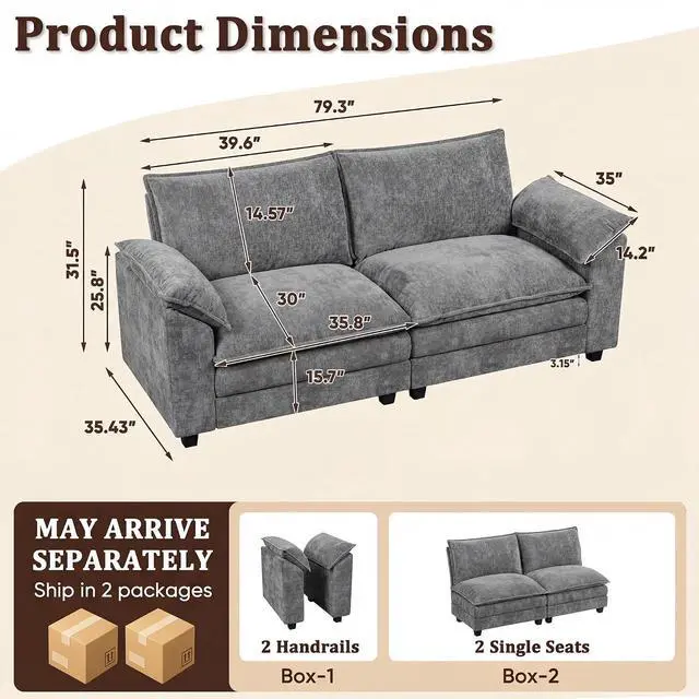 Alt view image 2 of 7 - Modern Loveseat Sofa Chenille Cloud Couch with Deep Seat Sofa with Double-Layer Cushion, Modular Recliner for Living Room Apartment Office, Small Spaces (Light Grey-5, Loveseat Sofa)