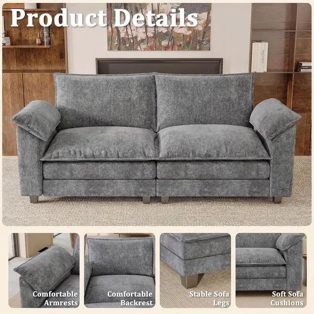 Alt view image 3 of 7 - Modern Loveseat Sofa Chenille Cloud Couch with Deep Seat Sofa with Double-Layer Cushion, Modular Recliner for Living Room Apartment Office, Small Spaces (Light Grey-5, Loveseat Sofa)