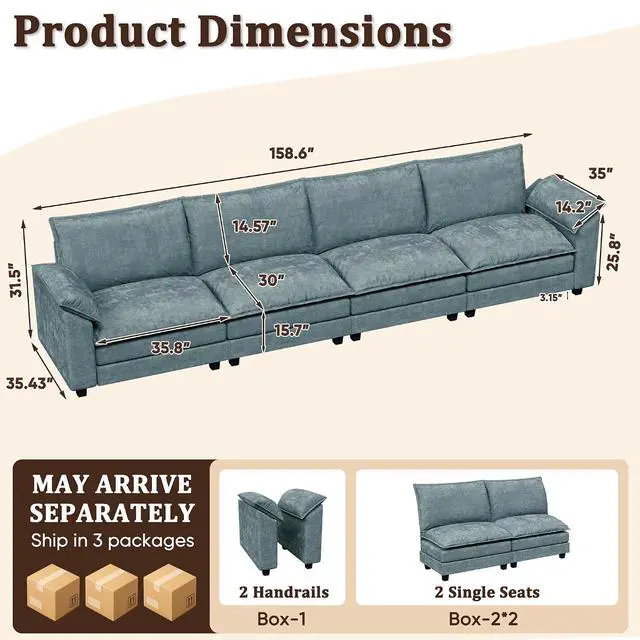 Alt view image 2 of 7 - 159" Modular Sectional Chenille Couches Linear Sofa with Double-Layer Cushion, 4-Seat Couch DIY Combination Couches for Living Room, Bedroom and Apartment (Dark Blue-1, Linear Sofa)