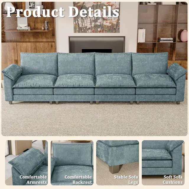 Alt view image 3 of 7 - 159" Modular Sectional Chenille Couches Linear Sofa with Double-Layer Cushion, 4-Seat Couch DIY Combination Couches for Living Room, Bedroom and Apartment (Dark Blue-1, Linear Sofa)