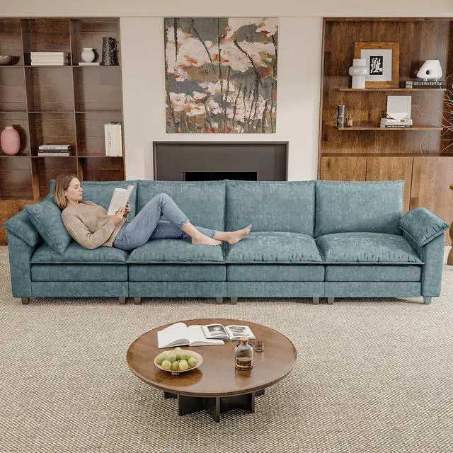Alt view image 6 of 7 - 159" Modular Sectional Chenille Couches Linear Sofa with Double-Layer Cushion, 4-Seat Couch DIY Combination Couches for Living Room, Bedroom and Apartment (Dark Blue-1, Linear Sofa)
