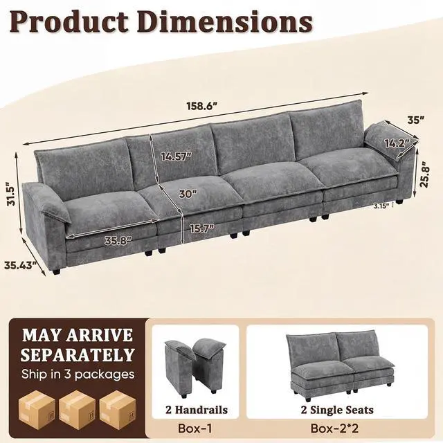 Alt view image 2 of 7 - 159" Modular Sectional Chenille Couches Linear Sofa with Double-Layer Cushion, 4-Seat Couch DIY Combination Couches for Living Room, Bedroom and Apartment (Light Grey-2, Linear Sofa)