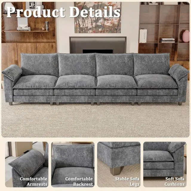 Alt view image 3 of 7 - 159" Modular Sectional Chenille Couches Linear Sofa with Double-Layer Cushion, 4-Seat Couch DIY Combination Couches for Living Room, Bedroom and Apartment (Light Grey-2, Linear Sofa)