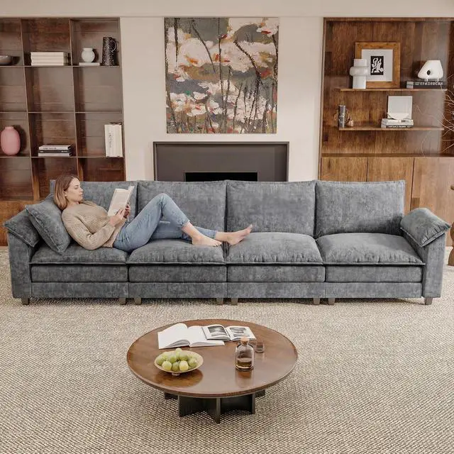 Alt view image 4 of 7 - 159" Modular Sectional Chenille Couches Linear Sofa with Double-Layer Cushion, 4-Seat Couch DIY Combination Couches for Living Room, Bedroom and Apartment (Light Grey-2, Linear Sofa)