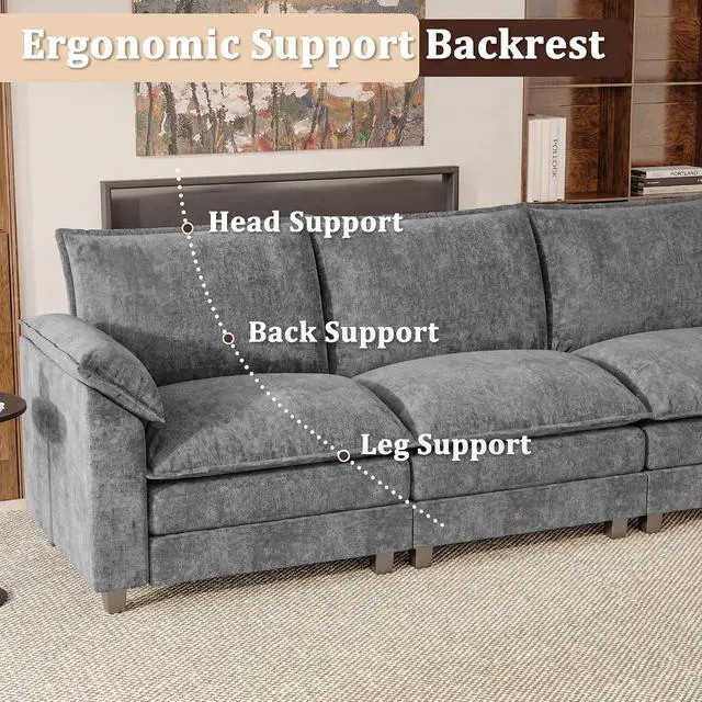 Alt view image 6 of 7 - 159" Modular Sectional Chenille Couches Linear Sofa with Double-Layer Cushion, 4-Seat Couch DIY Combination Couches for Living Room, Bedroom and Apartment (Light Grey-2, Linear Sofa)