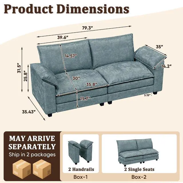 Alt view image 2 of 7 - Modern Loveseat Sofa Chenille Cloud Couch with Deep Seat Sofa with Double-Layer Cushion, Modular Recliner for Living Room Apartment Office, Small Spaces (Dark Blue-2, Loveseat Sofa)