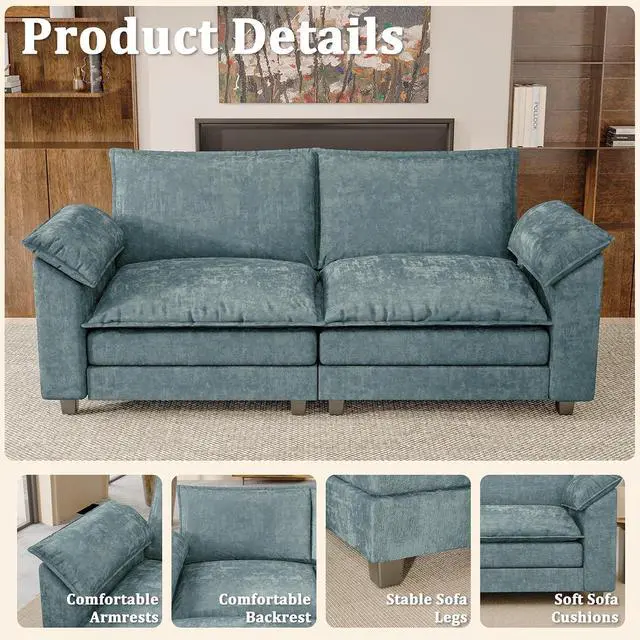 Alt view image 3 of 7 - Modern Loveseat Sofa Chenille Cloud Couch with Deep Seat Sofa with Double-Layer Cushion, Modular Recliner for Living Room Apartment Office, Small Spaces (Dark Blue-2, Loveseat Sofa)