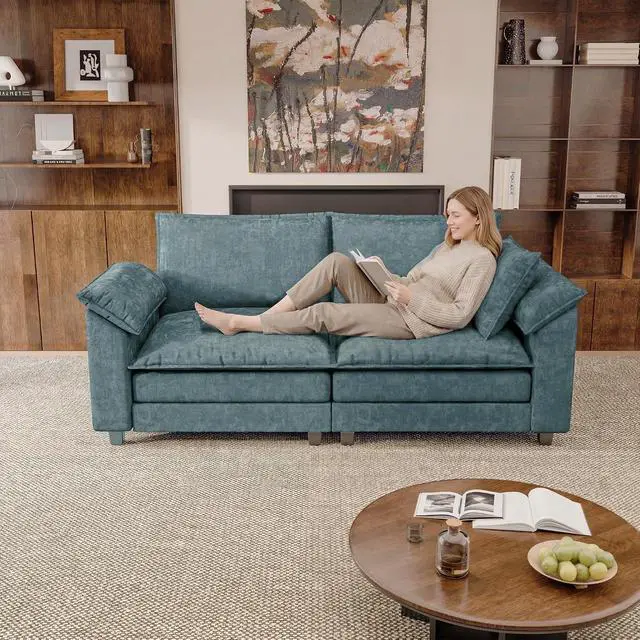 Alt view image 6 of 7 - Modern Loveseat Sofa Chenille Cloud Couch with Deep Seat Sofa with Double-Layer Cushion, Modular Recliner for Living Room Apartment Office, Small Spaces (Dark Blue-2, Loveseat Sofa)