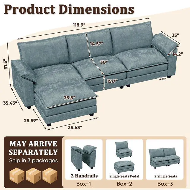 Alt view image 2 of 7 - 118.9" Modular Sectional Cloud Couch 3-Seat Sofa Set with Movable Ottoman, L Shaped Sofa Couch with Deep Seat, Chenille Couches for Living Room (Dark Blue-6, L Shaped Sofa)