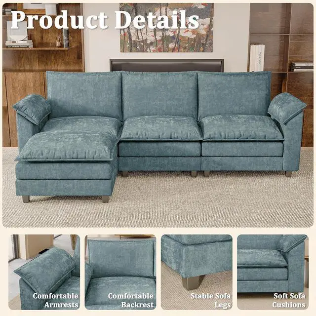 Alt view image 3 of 7 - 118.9" Modular Sectional Cloud Couch 3-Seat Sofa Set with Movable Ottoman, L Shaped Sofa Couch with Deep Seat, Chenille Couches for Living Room (Dark Blue-6, L Shaped Sofa)