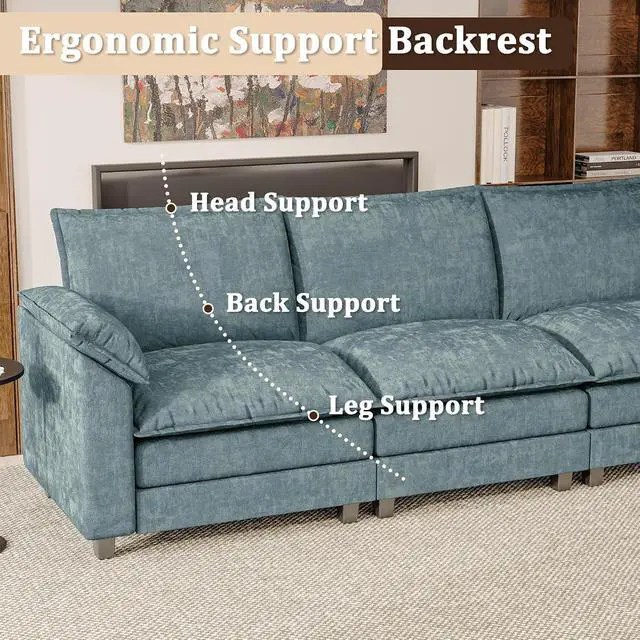 Alt view image 4 of 7 - 159" Modular Sectional Chenille Couches Linear Sofa with Double-Layer Cushion, 4-Seat Couch DIY Combination Couches for Living Room, Bedroom and Apartment (Dark Blue-1, Linear Sofa)