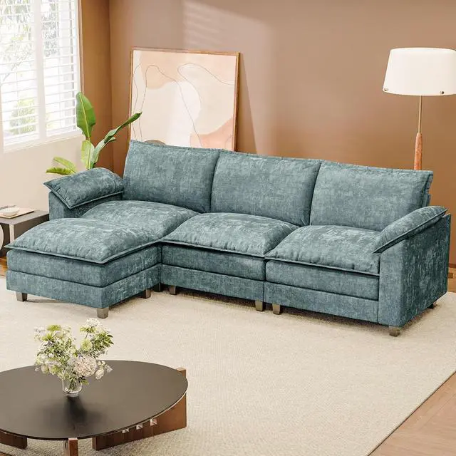 Alt view image 7 of 7 - 118.9" Modular Sectional Cloud Couch 3-Seat Sofa Set with Movable Ottoman, L Shaped Sofa Couch with Deep Seat, Chenille Couches for Living Room (Dark Blue-6, L Shaped Sofa)