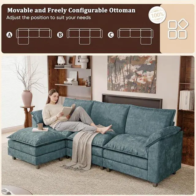 Alt view image 4 of 7 - 118.9" Modular Sectional Cloud Couch 3-Seat Sofa Set with Movable Ottoman, L Shaped Sofa Couch with Deep Seat, Chenille Couches for Living Room (Dark Blue-6, L Shaped Sofa)