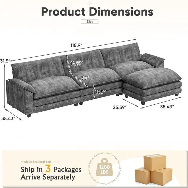 Alt view image 2 of 7 - 119" Modular Couch 3-Seat Sofa with Reversible Ottoman, Cloud Couch L Shaped Sofa with Deep Seat, Chenille Sectional Couches for Living Room
