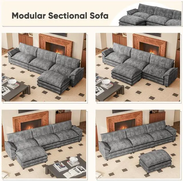 Alt view image 3 of 7 - 119" Modular Couch 3-Seat Sofa with Reversible Ottoman, Cloud Couch L Shaped Sofa with Deep Seat, Chenille Sectional Couches for Living Room