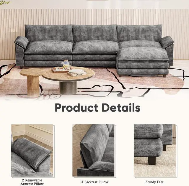 Alt view image 5 of 7 - 119" Modular Couch 3-Seat Sofa with Reversible Ottoman, Cloud Couch L Shaped Sofa with Deep Seat, Chenille Sectional Couches for Living Room