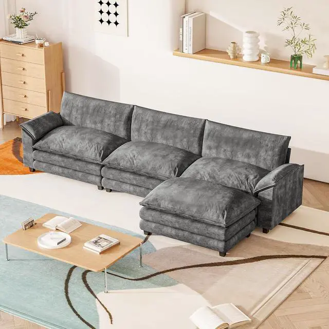 Alt view image 6 of 7 - 119" Modular Couch 3-Seat Sofa with Reversible Ottoman, Cloud Couch L Shaped Sofa with Deep Seat, Chenille Sectional Couches for Living Room