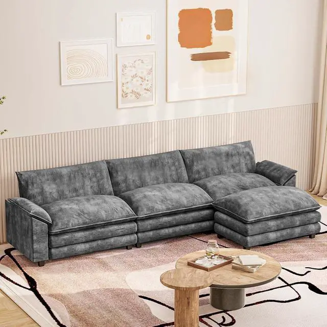 Alt view image 4 of 7 - 119" Modular Couch 3-Seat Sofa with Reversible Ottoman, Cloud Couch L Shaped Sofa with Deep Seat, Chenille Sectional Couches for Living Room