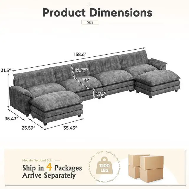 Alt view image 2 of 7 - 159" Modern Couches Sectional Sofa with Movable Ottoman, U Shaped Sofa Couch with Comfy Chenille and Deep Seat, 4-Seat Cloud Couch for Living Room, Bedroom and Apartment