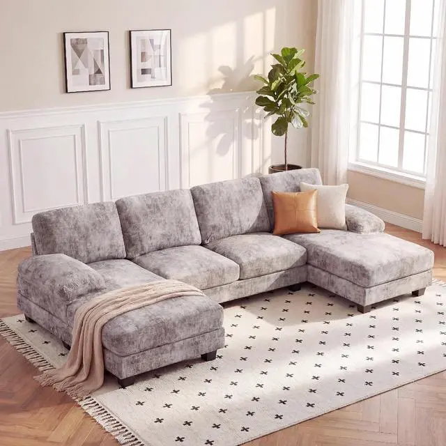 Main image of Sectional Couch with Double Chaise, U-Shaped Sofa with Removable & Washable Cushion Covers, 4 Seat Sofa Couches for Living Room, Apartment (Chenille, Slate Gray)