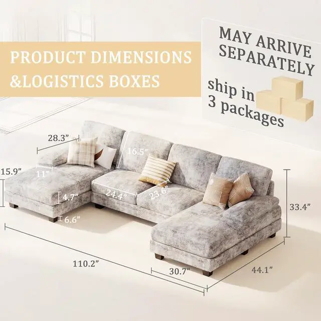 Alt view image 2 of 7 - Sectional Couch with Double Chaise, U-Shaped Sofa with Removable & Washable Cushion Covers, 4 Seat Sofa Couches for Living Room, Apartment (Chenille, Slate Gray)
