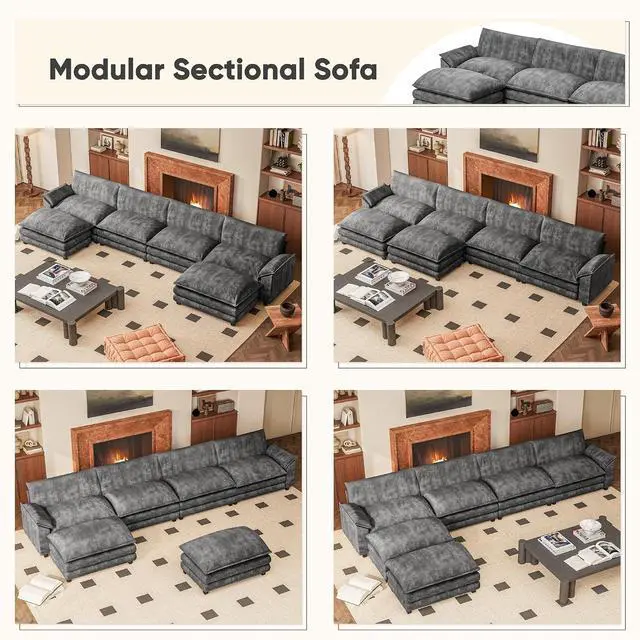 Alt view image 3 of 7 - 159" Modern Couches Sectional Sofa with Movable Ottoman, U Shaped Sofa Couch with Comfy Chenille and Deep Seat, 4-Seat Cloud Couch for Living Room, Bedroom and Apartment