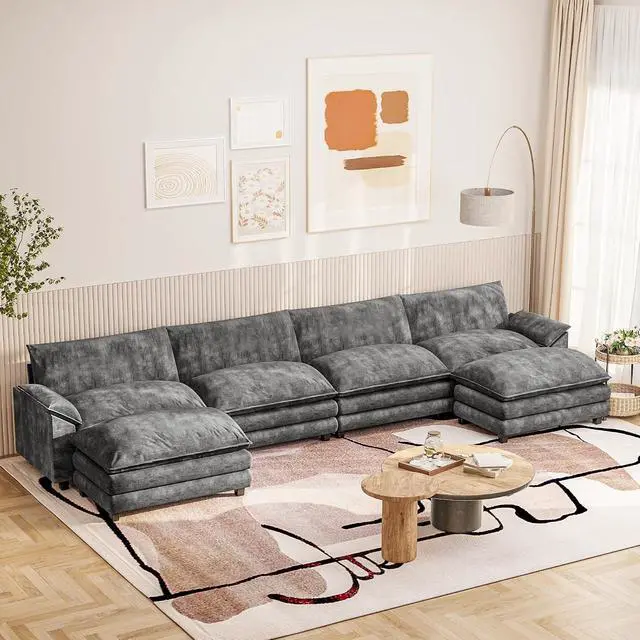 Alt view image 4 of 7 - 159" Modern Couches Sectional Sofa with Movable Ottoman, U Shaped Sofa Couch with Comfy Chenille and Deep Seat, 4-Seat Cloud Couch for Living Room, Bedroom and Apartment